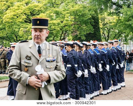 Strasbourg, France - May 8, 2017: French General With Marine Sailors Group In Background At Ceremony