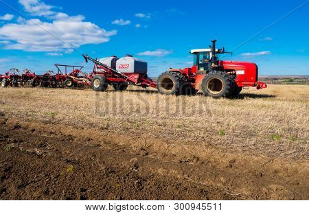 DECABRIST VILLAGE, SARATOV REGION, RUSSIA - 28 APRIL 2019: Sowing works on the wheat field. Planting complex - tractor and seeder mechanism