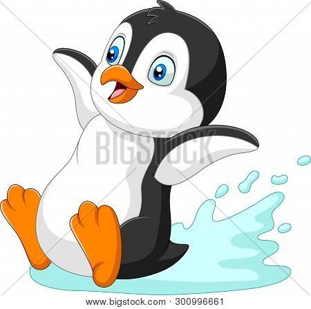 Vector Illustration Of Cartoon Penguin Sliding On Water