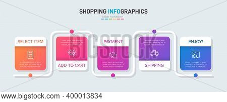 Concept Of Shopping Process With 5 Successive Steps. Five Colorful Graphic Elements. Timeline Design