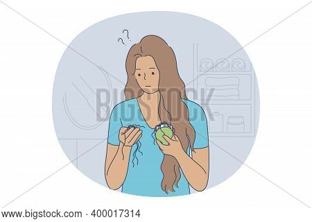 Losing Hair Concept. Young Unhappy Stressed Woman Cartoon Character Looking At Hairbrush And Finding