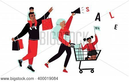 Family Shopping. Sale Promotion Illustration. Vector Illustration