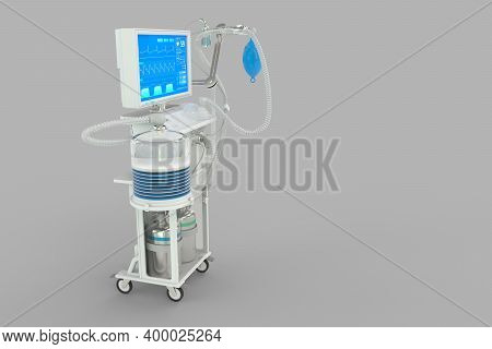 Medical 3d Illustration, Icu Artificial Lung Ventilator With Fictive Design Isolated On Grey Backgro