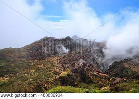 Volcano La Soufriere Crater In Guadeloupe. Natural Landmark Active Volcano.