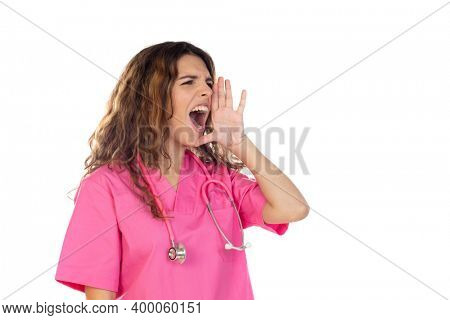 Attractive doctor wearing a pink uniform isolated on a white background