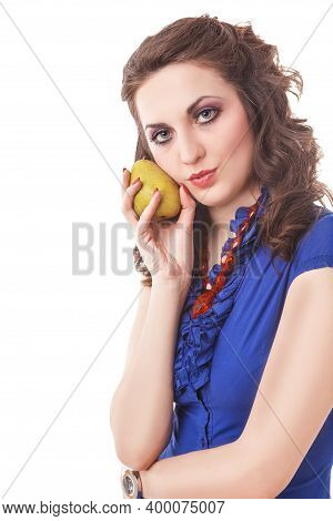 Portrait Of Smiling Caucasian Female Posing With Long Green Pear Fruit.