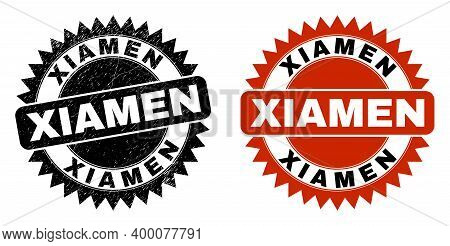 Black Rosette Xiamen Seal Stamp. Flat Vector Scratched Seal Stamp With Xiamen Title Inside Sharp Sta