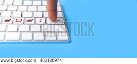 Finger Hand Man Point Enter On Keyborad For New Year 2021. Happy New Year Start Up Concept. With Cop