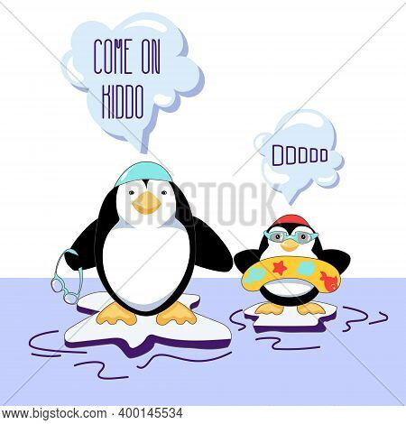 Cute Penguin Family Is Going For Swimming. Daddy Is Enthusiastic And Calm And Baby Is Scared A Littl