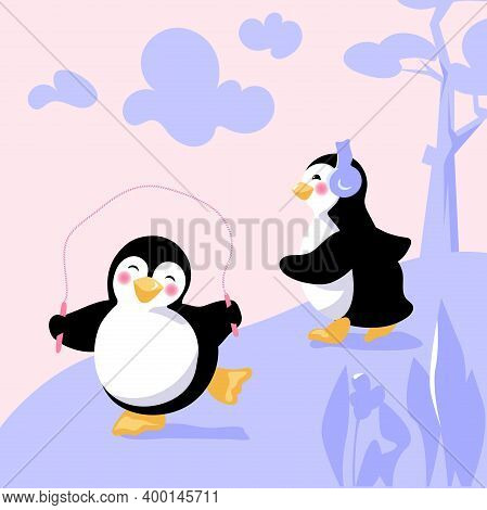 Cartoon Penguins Exercise In A Park. One Bird Is Jogging, While The Other One Is Hopping. Cardio Tra