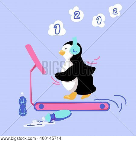 Cute Cartoon Penguin Is Having Training In A Gym. Cardio Workout Is Hard But Little Hero Is Keeping 