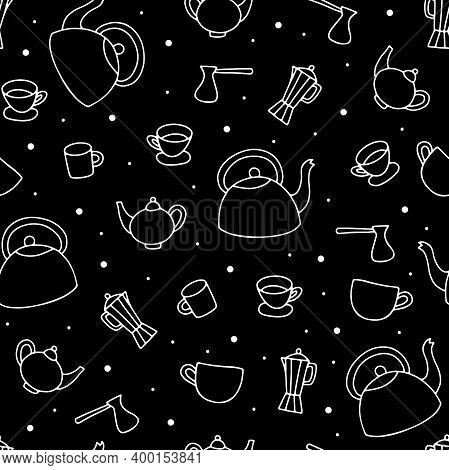 Seamless Doodle Hand Drawn Teapot Pattern. Outline Kettle, Cup, Moka, Turka On Black Background. Coz