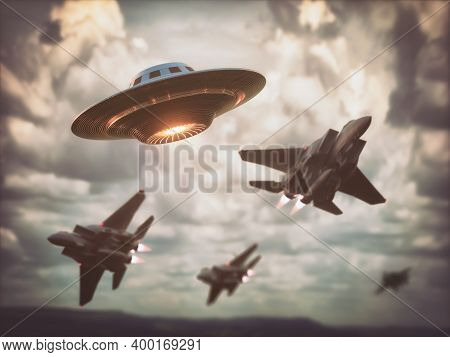 Supersonic Fighters Chasing Ufo. Unidentified Flying Object Flying Over The Sky. 3d Illustration.