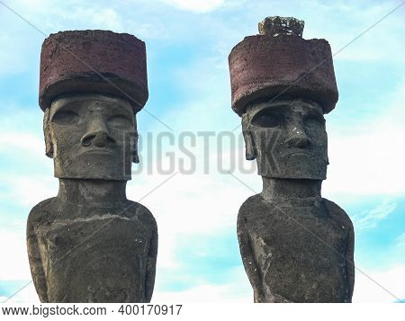 Statues Of The Gods Of Easter Island. Ancient Statues Of Ancient Civilization On Easter Island.