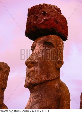 Statues Of The Gods Of Easter Island. Ancient Statues Of Ancient Civilization On Easter Island.