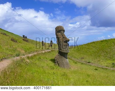 Statues Of The Gods Of Easter Island. Ancient Statues Of Ancient Civilization On Easter Island.