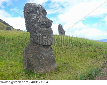 Statues Of The Gods Of Easter Island. Ancient Statues Of Ancient Civilization On Easter Island.