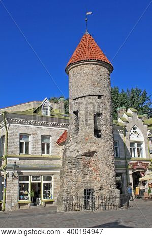 Tallinn, Estonia - 14 August 2020: Viru Gate, Entrance To The Old Town. Two Remaining Towers That We