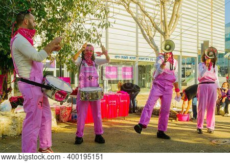 Haifa, Israel - December 18, 2020: Group Of Pink Protest Activists At An Event (against The Governme