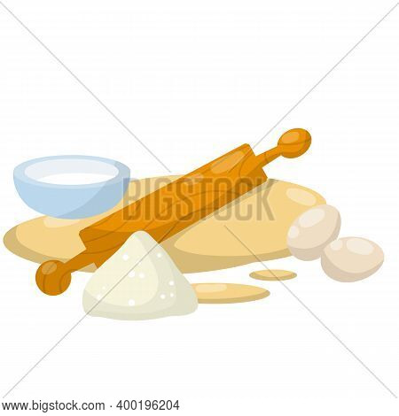 Rolling Pin And Dough. Wooden Appliance For Kitchen And Cooking. Cartoon Flat Illustration. Preparat