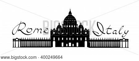Rome Travel Landark San Peter Cathedral. Italian Famous Place San Pietro Square Silhouette Icon With