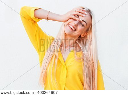 Portrait Of Young Cheerful Smiling Woman, Over White Background
