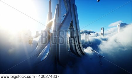 Futuristic Sci Fi City In Clouds. Utopia. Concept Of The Future. Flying Passenger Transport. Aerial 