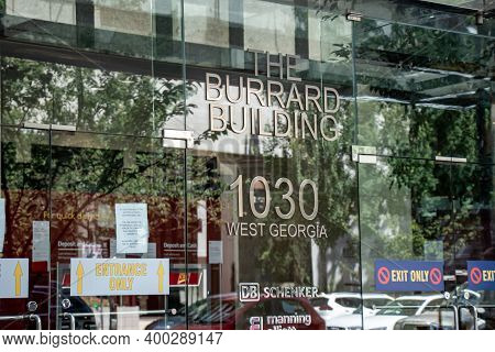 Vancouver, Canada - June 29,2020: View Of The Entrance The Burrard Building On 1030 West Georgia Str