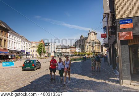 Mechelen, Flanders, Belgium. August 2019. In The Background The Facade Of The Church Of Sint-pieter-