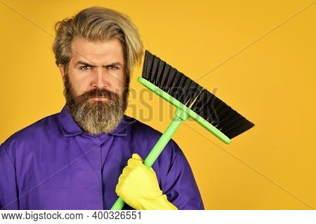 Cleaning Agency. Worker With Brush. Cleaning Equipment. Yardman Occupation. Bearded Hipster Blue Uni