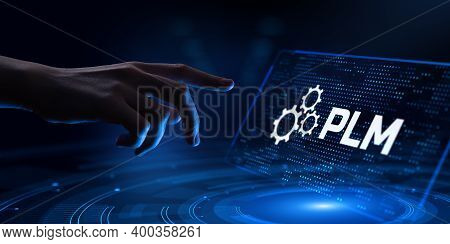 Plm Product Cycle Management Program Development Concept. Hand Pressing Button.