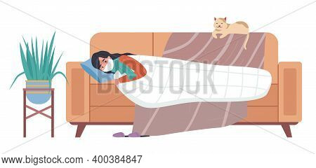 Female Character Having A Cold And Lying In Bed. Cat Owner Is Sick At Home On White Background. Girl