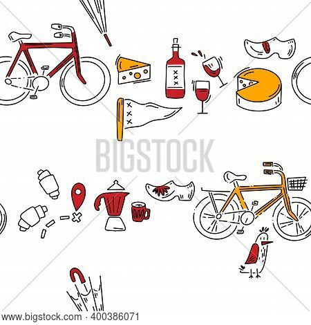 Doodle Pattern With Cheese, Wine, Klomps And Other Other Tourist Stuff. Hand Drawn Pattern In Doodle