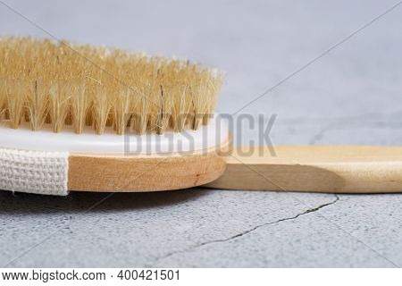 Massage Wooden Soft Body Brush With A Natural Nap. Close-up Of Massage Brush For Skin. Bath Brush.