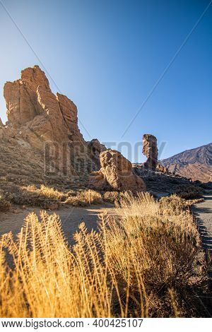 Beautiful Landscape Over The Famous Roques Cinchado In National Park Of Tenerife, Pico De Teide, Can