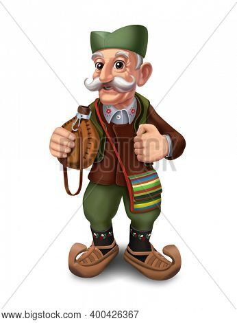 Freehand illustration of an old man dressed in traditional Serbian costume. An old Serb with a flask in his hand.