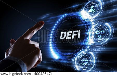 Defi -decentralized Finance On Dark Blue Abstract Polygonal Background. Concept Of Blockchain, Decen