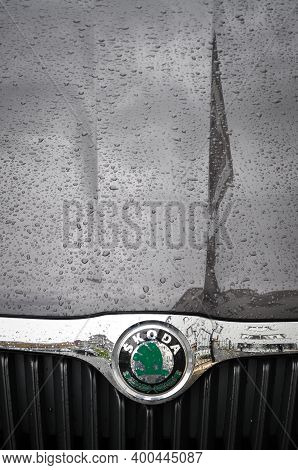 Skoda Chrome Metal Logo, Luxury Car In Istanbul City, March 21 2012 Istanbul Pendik Turkey Used Car 