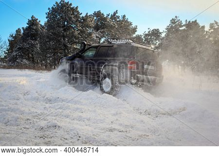 One Suv 4x4 Cars Go On Snowy Road, Winter Season, Very Cold, Istanbul Turkey, January 1, 2016
