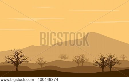 Scenery Of Trees And Mountains At Sunset. City Vector