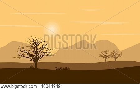 Amazing Scenery Of Trees And Mountains At Sunset. City Vector