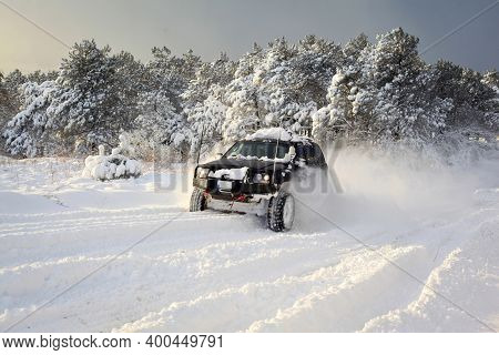 One Suv 4x4 Cars Go On Snowy Road, Winter Season, Very Cold, Istanbul Turkey, January 1, 2016