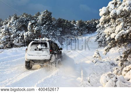 One Suv 4x4 Cars Go On Snowy Road, Winter Season, Very Cold, Istanbul Turkey, January 1, 2016
