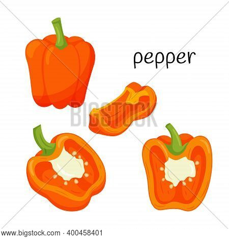 Fresh Orange Pepper. Whole, Half In Cross-section And A Quarter Slice. Ingredient, An Element For Th