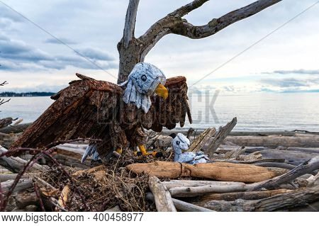 Coastal driftwood art from Esquimalt Lagoon, Vancouver Island, Canada