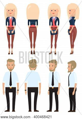 Stylish Businesspeople Wearing Office Suits, Accessories. Elegance Jacket And Dress. Office Worker D