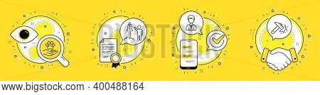 Pets Care, Launch Project And Businessman Line Icons Set. Licence, Cell Phone And Deal Vector Icons.