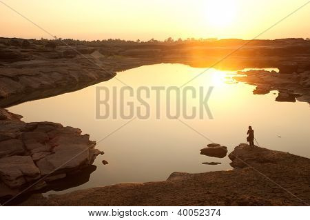 Sunrise At Sam Phan Bok Rock Canyon ,maekhong River, Ubonratchathani Province In Thailand .