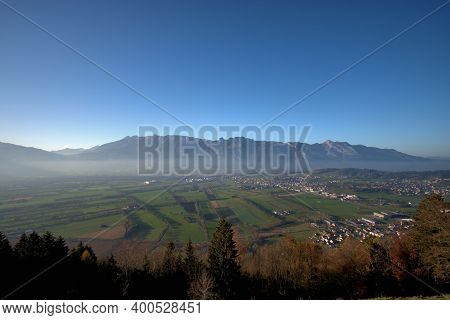 View Over The Rhine Valley In Liechtenstein And Switzerland From Planken 11.11.2020