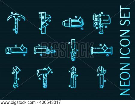 Instruments Set Icons. Blue Glowing Neon Style